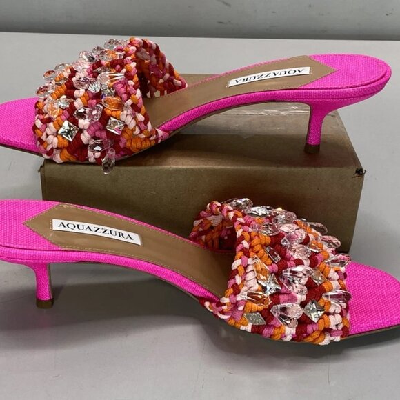 NEW AQUAZZURA Women’s Crystal Cote Mule Sandals  Bright Pink Size 10.5 Crocheted - Picture 5 of 8